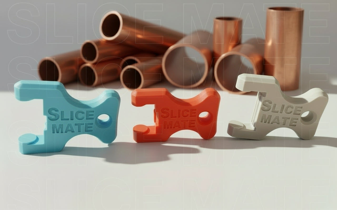 Three 'Slice Mate' tools in blue, red, and beige on a light surface with a blurred indoor background.